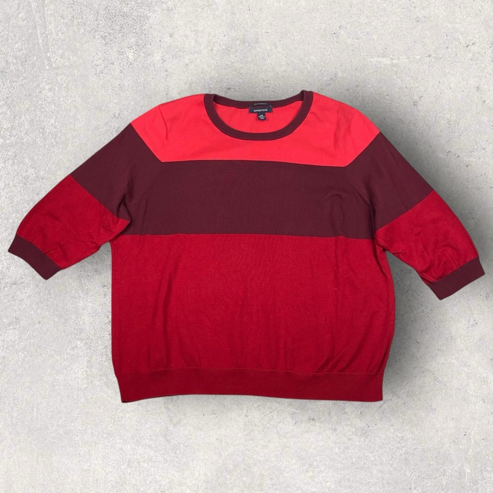 Lands End Womens Red Striped Knit Sweater Top 2X 20W-22W 100% Supima Cotton